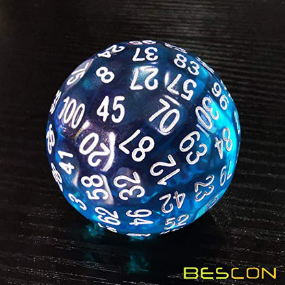 Bescon Translucent Blue Polyhedral Dice 100 Sides, D100 dice, 100 Sided Cube, Transparent D100 Game Dice - color: Translucent Blue D100