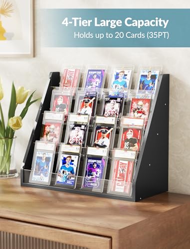 NiHome Trading Card Display Stand, 4-Tier Wood Acrylic for Graded PSA Slabs | Stackable Space-Saving Organizer Holds Up to 20 Toploaders or 16 Cases with Protective Clear Dividers