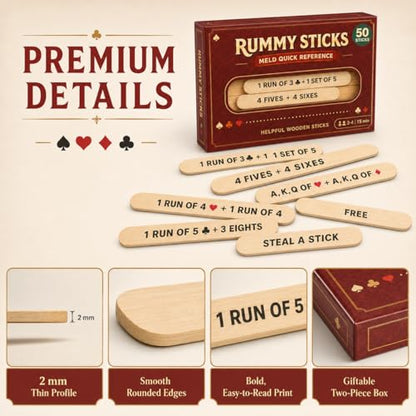 Rummy Sticks Card Game Set with 50 Sticks, for 2-8 Players, Portable Travel Game with Box and Instructions for Family Game Night and Gatherings