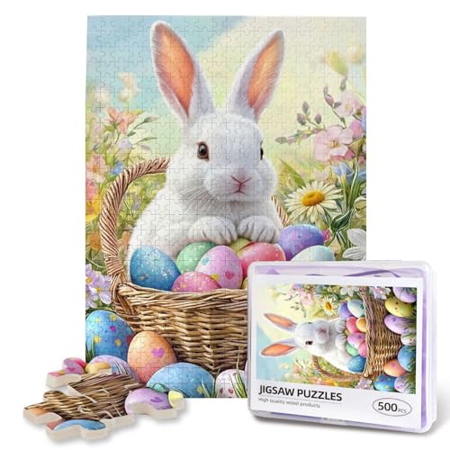 Easter Puzzles for Adults 500 Pieces Bunny Eggs Jigsaw Puzzle for Adults Cute Rabbit with Spring Flowers Wooden Puzzle Easter Gifts Basket Stuffers - color: Eater Puzzle, size: 500PCS