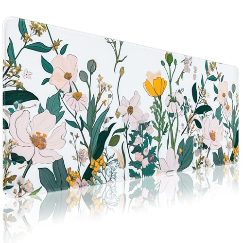Floral Desk Mat, Yellow, 31.5" x 15.7" | Non-slip, Large Mouse Pad, Stitched Edges, XL Computer Desk Mat, For Women Office Decor - color: Yellow Flower