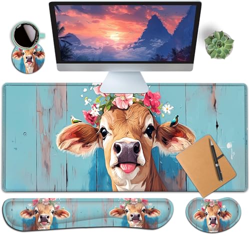 Large Gaming Mouse Pad+ Keyboard Wrist Rest Set, Ergonomics Memory Foam Mouse Mat Wrist Rest Support for Home Office, Waterproof Extended Mousepad 31.5x11.8in, Cute Cow Desk Pad - color: Yvb-mousepad-9-f-157