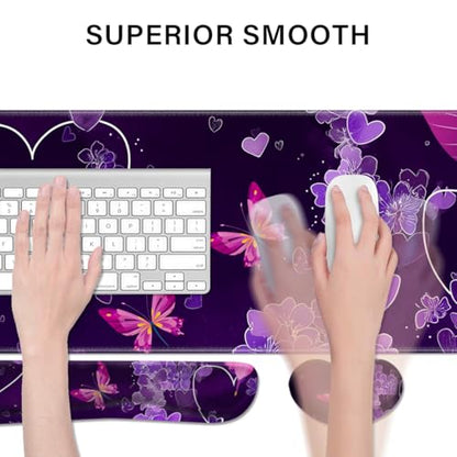 Desk Pad and Keyboard Wrist Rest, Large Mouse Pad + Keyboard Pad+Mouse Wrist Support, Non-Slip Desk Mat Protector for Office, Home 31.5×11.8 Inches Purple Butterfly - color: Butterfly
