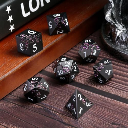 Glitter Purple Metal D&D Dice, DNDND 7 PCS Flower Metallic DND Dice Set with Gorgeous Gift Case for Dungeons and Dragon Tabletop Game (Matte Black with Glitter Purple Flower) - color: Flower Glitter Purple