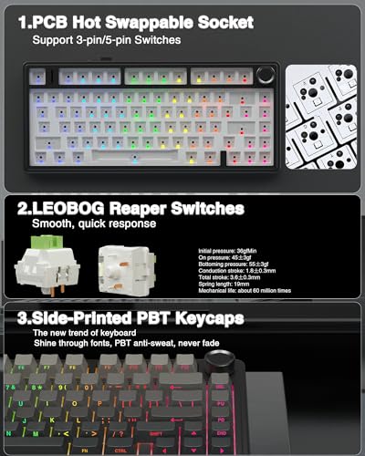 AULA F75 Pro Wireless Mechanical Keyboard,75% Hot Swappable Custom Keyboard with Knob,RGB Backlit,Pre-lubed Reaper Switches,Side Printed PBT Keycaps,2.4GHz/USB-C/BT5.0 Mechanical Gaming Keyboards - color: F75 Pro-Black