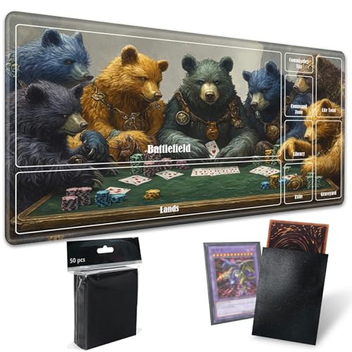 MTG Playmat with Zones, TCG Card Game Play Mat with Stitched Edges, Non-Slip Rubber Base Gaming Desk Mat, Smooth Surface 24 x 14 Inch, Bears Play Poker - color: Bears Play Poker, size: Zone 1