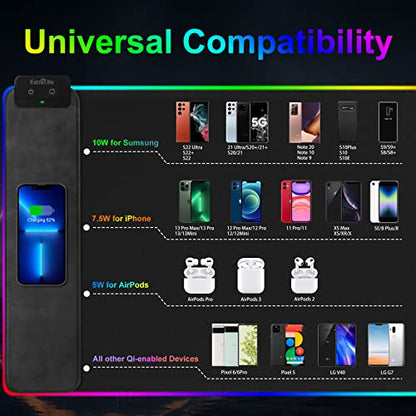 Wireless Charging RGB Gaming Mouse Pad, 31.5"x15.7" Large Desk Mat, Desk Pad with Wireless Charger, Non-Slip Rubber Base, Waterproof, Computer Keyboard Mat for Gamer, Office, Home, Black - color: Black, size: 15.7L x 31.5W inches