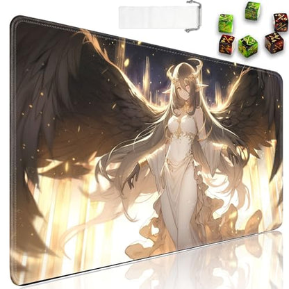 JVGFYNKL MTG Playmat + Drawstring Travel Pouch + 6 Dice Counter, for Tabletop Trading Card Game Playmats or Large Mouse Pad, Anti-Slip Rubber 24 x 14 in, Anime Female Angel TCG Playmat - color: JV-Playmat-1-F-162
