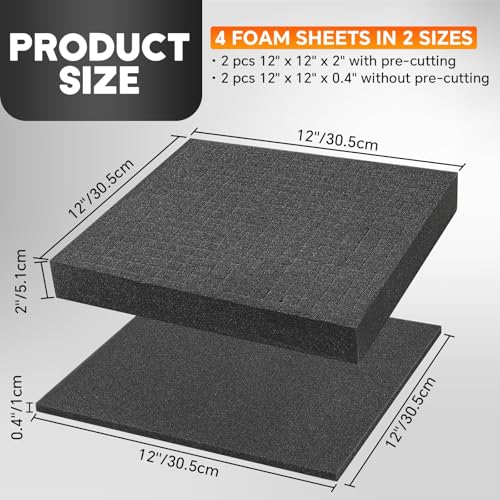 4 Pack Polyurethane Foam Sheet 12 x 12 x 2 Inch 12 x 12 x 0.4 Inch | 2 Sizes of Pre Cut Foam Sheets Pick Apart Inserts for Board Game Boxes, Storage Drawers, Toolbox