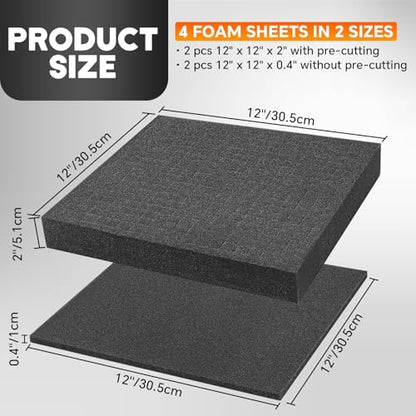 4 Pack Polyurethane Foam Sheet 12 x 12 x 2 Inch 12 x 12 x 0.4 Inch | 2 Sizes of Pre Cut Foam Sheets Pick Apart Inserts for Board Game Boxes, Storage Drawers, Toolbox