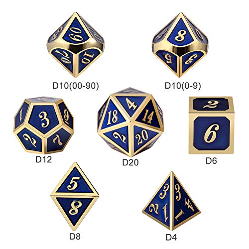 DnDnD Heavy Polyhedral Metal Dice Set with Metal Box, 7-die Shiny Blue Surface with Golden Number for RPG,Dungeons and Dragons,Pathfinder,Shadowrun,D&D,Role Palying Game and Math Teaching - color: Blue With Gold
