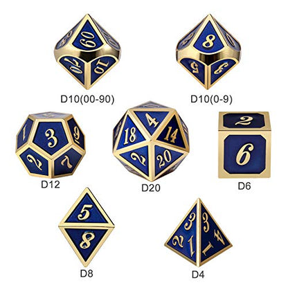 DnDnD Heavy Polyhedral Metal Dice Set with Metal Box, 7-die Shiny Blue Surface with Golden Number for RPG,Dungeons and Dragons,Pathfinder,Shadowrun,D&D,Role Palying Game and Math Teaching - color: Blue With Gold