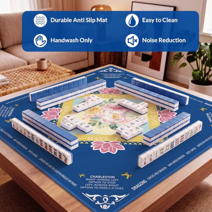 Mahjong Mat - 31.5" x 31.5" Anti-Wrinkle Mahjong Mat for Table, Anti Slip Noise Reduction Gaming Mat with Carrying Bag, for Mahjong/Board Games/Poker/Dominoes/Card Games (Blue) - color: Blue