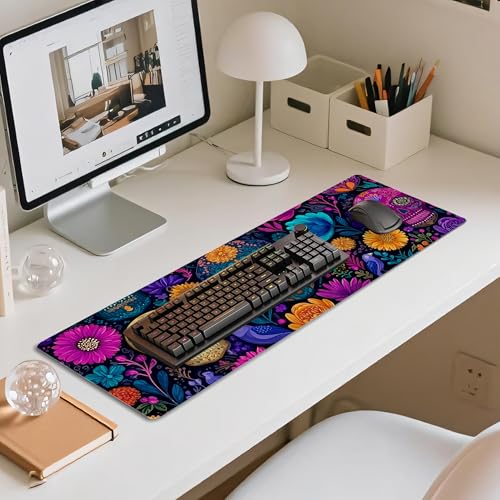 31.5”x11.8”Large Gaming Mouse Pad for Desk, Mouse Mat with Seamed Edges, Waterproof Desk Pad, Non-Slip Rubber Base, Keyboard Pad Computer Mat, Big XL Mousepad-Skull Flower - color: Skull Flower
