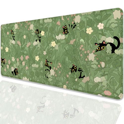 Cute Cats Desk Pad Mouse Pad,Sage Green Plants Flowers Floral Mouse Mat Large,Stitched Edges Non-Slip Waterproof Rubber Base Mous Mat for Office Home Work Gaming(27.5X11.8 in) - color: Cute Cats Green Plants
