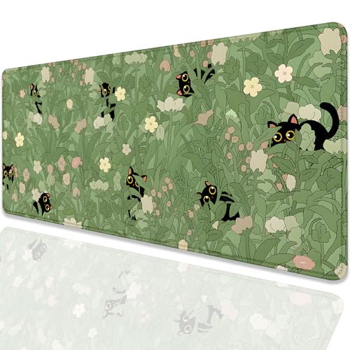 Cute Cats Desk Pad Mouse Pad,Sage Green Plants Flowers Floral Mouse Mat Large,Stitched Edges Non-Slip Waterproof Rubber Base Mous Mat for Office Home Work Gaming(27.5X11.8 in) - color: Cute Cats Green Plants