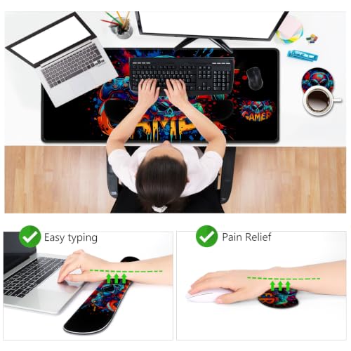 AIMSA Large Gaming Mouse Pad Set, Keyboard Wrist Rest Support + Extended Mouse Pad + Mouse Wrist Cushion + Coaster, Skull Gamer Ergonomic Memory Foam Multifunctional Desk Mat 35x15.7inch - color: Skull Gamer