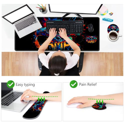 AIMSA Large Gaming Mouse Pad Set, Keyboard Wrist Rest Support + Extended Mouse Pad + Mouse Wrist Cushion + Coaster, Skull Gamer Ergonomic Memory Foam Multifunctional Desk Mat 35x15.7inch - color: Skull Gamer