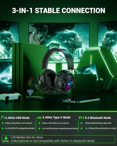 Krysenix 2.4 GHz Wireless Gaming Headset for PC, PS5, PS4, Switch, Mac, Bluetooth 5.4 Gaming Headphones with Noise Canceling Microphone, Cool RGB Lighting, 50Hr Battery, Foldable, 50mm Drivers-Black - color: Black