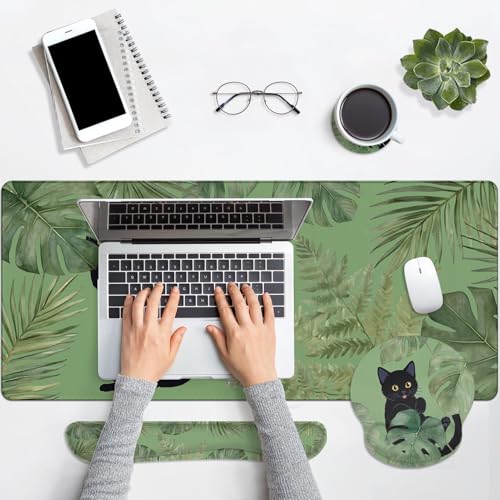 Britimes Sage Olive Green Leaves Keyboard Mouse Pad Set Funny Cute Cat 4in1 Large Mousepad+Keyboard Wrist Rest+Mouse Wrist Rest+Coaster Ergonomic Design for Home Office Computer 35.4x15.7 inches - color: Green Cloud