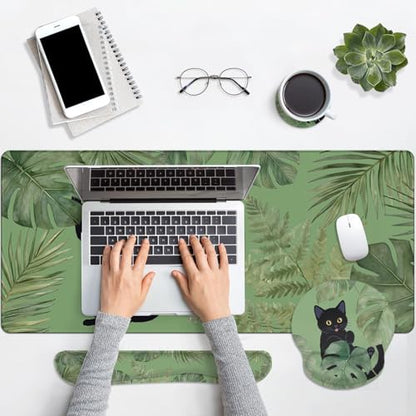 Britimes Sage Olive Green Leaves Keyboard Mouse Pad Set Funny Cute Cat 4in1 Large Mousepad+Keyboard Wrist Rest+Mouse Wrist Rest+Coaster Ergonomic Design for Home Office Computer 35.4x15.7 inches - color: Green Cloud