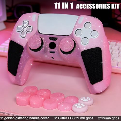 Pink Glitter Anti Slip Soft Thicked Studded Silicone Cover Skins Compatible with PS5 Controller,Include 8 PCS Pink Thumb Grips Glow and 2 Cat Paw Grips Accessories. - color: Pink Black