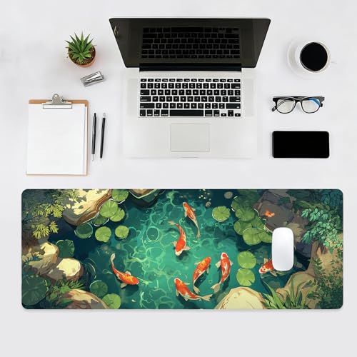 Large Gaming Mouse Pad, Desk Mat, XL Extended Big Mousepad with Non-Slip Rubber Base Stitched Edges, Computer Keyboard Mat for Office Home, 31.5x11.8in, Japanese Koi Fish Pond - color: Koi Fish