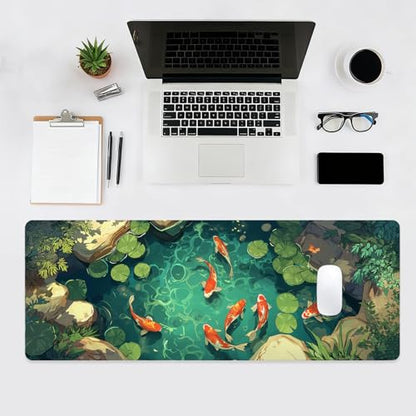Large Gaming Mouse Pad, Desk Mat, XL Extended Big Mousepad with Non-Slip Rubber Base Stitched Edges, Computer Keyboard Mat for Office Home, 31.5x11.8in, Japanese Koi Fish Pond - color: Koi Fish