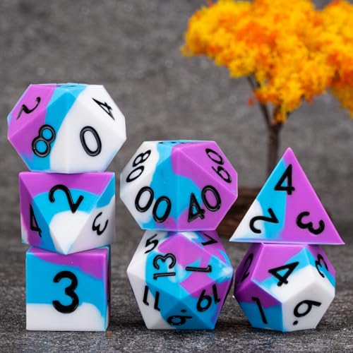 Silicone DND Dice,Polyhedral D&D Dice Set,Rubber Sharp Edges Soft Perfect Bouncer for Dungeons and Dragons, RPG, MTG (D4, D6, D8, D10, D12, D20, D%) for Ages 15 and Up - color: Blue Purple White