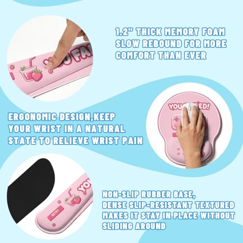 Cute Gamer Desk Mat Set Strawberry Pink Kawaii Aesthetic Mouse Pad with Wrist Rest 4in1 Desk Mat for Desktop Ergonomic Keyboard Wrist Support Anti-Slip Computer Ergonomic Mouse Pad Home Office Gaming - color: Cute Gamer