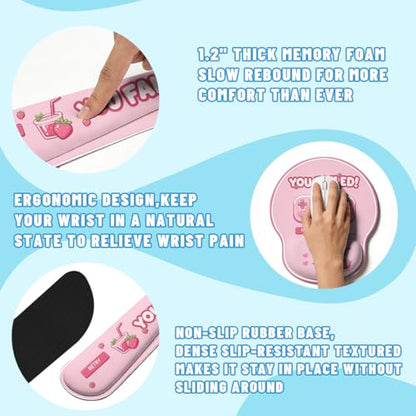 Cute Gamer Desk Mat Set Strawberry Pink Kawaii Aesthetic Mouse Pad with Wrist Rest 4in1 Desk Mat for Desktop Ergonomic Keyboard Wrist Support Anti-Slip Computer Ergonomic Mouse Pad Home Office Gaming - color: Cute Gamer
