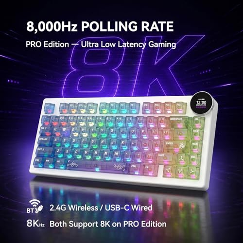 AK820 V2 PRO 75% Compact Mechanical Keyboard, 81 Keys, Tri-Mode (2.4G/Bluetooth/Wired), 8K Polling Rate, 10000mAh Battery, TFT Display Knob, Gasket Mount, Hot-Swappable, RGB Backlit, Crystal Prism - color: Crystal Prism