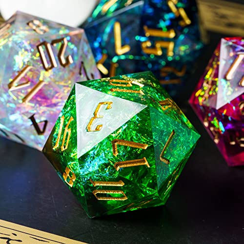 Cusdie Single D20 DND Dice with Sharp Edges and Glitter Foil Inclusions, 20 Sided D&D Dice, 33mm Handcrafted, for Role Playing Game (Green) - color: Green