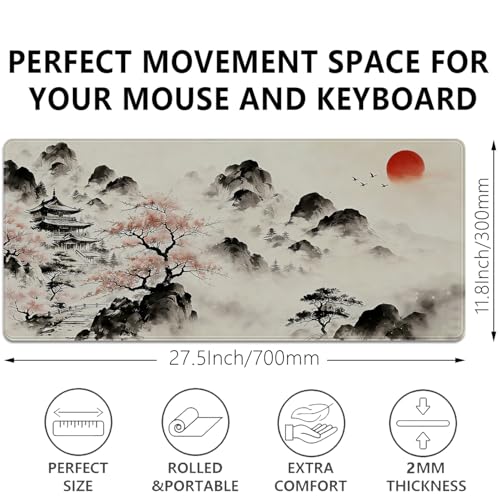 Japanese Ink Painting Mouse Pad Desk Pad, 27.5x11.8 in Japanese Style Mouse Pad Extended Keyboard Mousepad with Stitched Edges, Waterproof Non-Slip Rubber Base for Office Computer Laptop Home - color: Japanese ink painting
