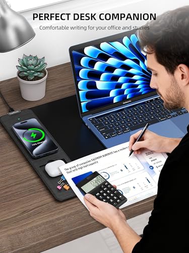 TopMade Mouse Pad with 15W Wireless Charging, Removable 8-Digit Solar Calculator, 31.5" x 15.75" XXL Large Desk Pad, Gaming Computer Keyboard Pad, Waterproof Mousepad Home Office Desk Mat, Black - color: Black-Calculator-31.5"x15.8"