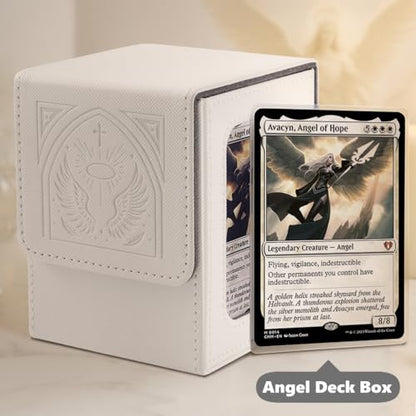 Angel Themed MTG Deck Box with Commander Display (White and Grey) | Holds 120 Single/100 Double-Sleeved Cards, Fit MTG/PTCG/OPTCG Cards, Strong Magnet, PU Leather, With 2 Dividers & 1 Toploader - color: Angel