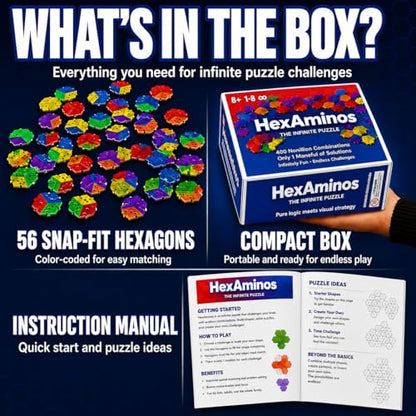 The Infinite Puzzle: Strategy Board Game for Familiy, Teens & Adults. 56 Hexagon Tiles for Solo or 1-8 Players. Travel-Friendly STEM Logic Game, 450 Nonillion Combinations, 8x7 Grid Challenge Ages +6