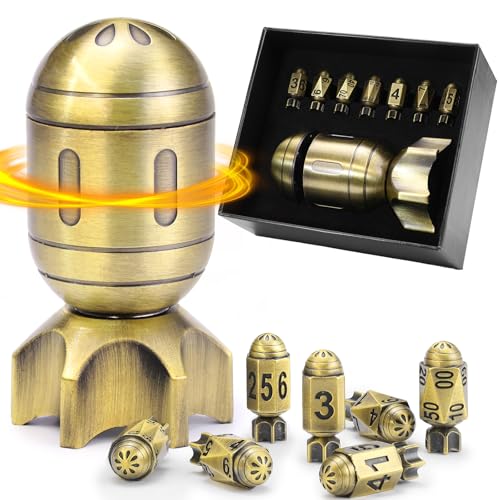 ZHOORQI Metal Bullet Dice Set with Spinning Missile for DND(PD-Bronze) | Polyhedral Dice Set for TTRPGs, Dungeons and Dragons, Unique Spinning Container. Cool Dice Gifts for Gamers - color: Missile-bronze