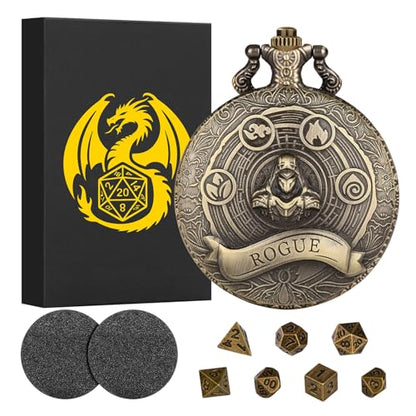 Mini DND Dice Set Steampunk Rogue Pocket Watch Shell Case, 7pcs Polyhedral Metal D&D Dice Set, D&D Gifts with Gift Box for Player, Role Playing Board Games Accessories, Bronze - color: Rogue