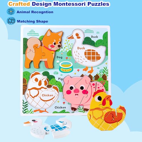 Learning Farm Animal Jigsaw Puzzles for Toddlers, Gifts for 2 3 Years Old Girls Boys,Wooden Montessori Puzzle 2-4, Toddler Toys Educational Toys Kids Ages 1-3 - color: Farm Animal