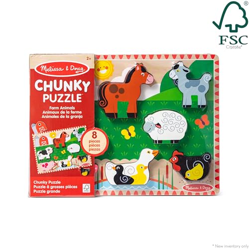 Melissa & Doug Farm Wooden Chunky Puzzle (8 pcs) - FSC Certified | 8 Chunky Wooden Pieces, Stand-Up Farm Animals and Barn, Motor Skill Building Puzzle Play, Toddler Toys for Kids, Ages 2+ - size: 11.95 x 8.95 x 1.0, style: Farm