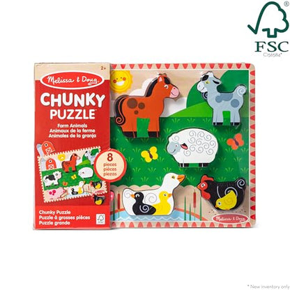 Melissa & Doug Farm Wooden Chunky Puzzle (8 pcs) - FSC Certified | 8 Chunky Wooden Pieces, Stand-Up Farm Animals and Barn, Motor Skill Building Puzzle Play, Toddler Toys for Kids, Ages 2+ - size: 11.95 x 8.95 x 1.0, style: Farm