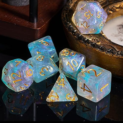 UDIXI 7PCS D&D Polyhedral Dice Set Swirls Glitter DND Dice Set for RPG | Cyan Pink Colors, Dreamy Effect, Velvet Dice Bag Packaging, for Dungeons and Dragons Role Playing Games and Tabletop Games - color: Cyan With Pink