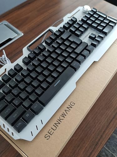 SEUNKWANG Wired Gaming Keyboard, 104 Keys Wired Gaming Keyboard with Mouse Pad, All-Metal Panel Quiet Computer Keyboard with Blue Backlit, Knob, Light Up Keyboard, Wired Keyboard for PC Gamers-Black