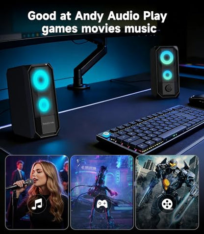 Computer Speakers for Desktop, Hi-Res Stereo Pair with Dual 5W Full-Range Drivers, 6 RGB Light Modes, USB Powered & 3.5mm AUX Input, Volume Knob, Mini Vertical Design for PC Gaming Monitor Laptop