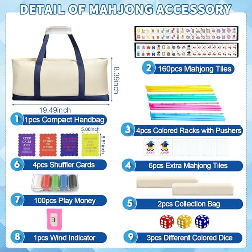Deluxe American Mahjong Tile Set, 166 Unique Designer Tiles, White | Complete game kit with 4 pcs shuffler cards, 4 all-in-one racks/pushers and custom premium travel bag for family game night. - color: White