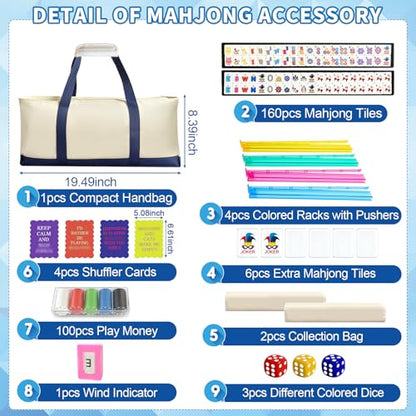 Deluxe American Mahjong Tile Set, 166 Unique Designer Tiles, White | Complete game kit with 4 pcs shuffler cards, 4 all-in-one racks/pushers and custom premium travel bag for family game night. - color: White
