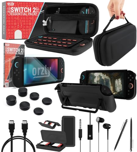 Orzly Switch 2 Accessories Bundle Carry Case & Screen Protector for Nintendo Switch 2 (2025) Console, TravelCase, Screen Protection, Grip Case, USB-C Cable, Games Holder, Headphones, Thumbgrips - size: 7.9 inch Switch 2