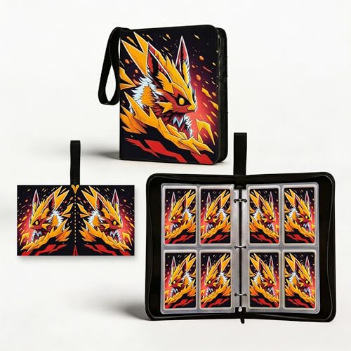 Trading Card Binder Small 4 Pocket,capacity of 400 Cards, 50 Clear Sheets Included, 3 Rings And Zipper, Cards Binder, Collector Binder, Water Proof with Dragon Design (Red Fox, Small) - color: Red Fox, size: Small