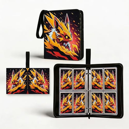 Trading Card Binder Small 4 Pocket,capacity of 400 Cards, 50 Clear Sheets Included, 3 Rings And Zipper, Cards Binder, Collector Binder, Water Proof with Dragon Design (Red Fox, Small) - color: Red Fox, size: Small